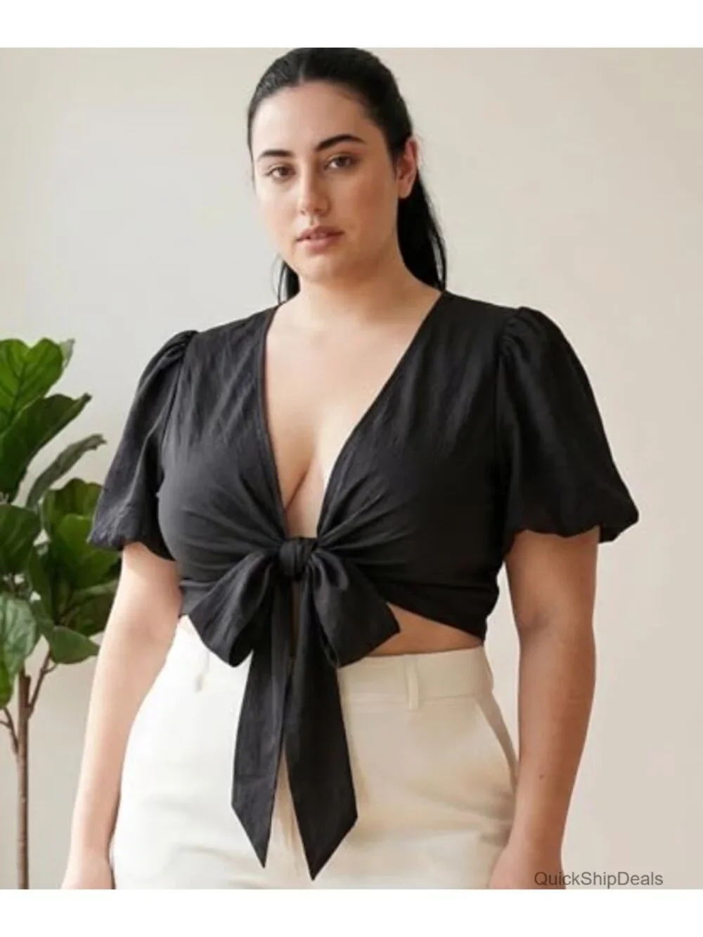 Plus Size Tie Front Crop Top Deep V Neck Puff Sleeve Lyocell Nylon Blouse